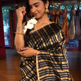 Black Striped Chanderi Tissue Silk Saree