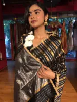Black Striped Chanderi Tissue Silk Saree - Image 3