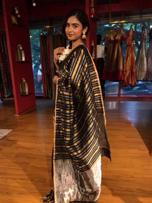 Black Striped Tissue Silk Saree - Image 6