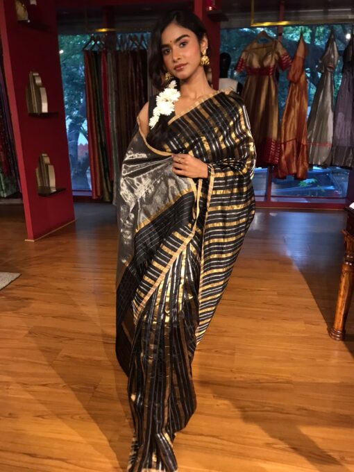 Black Striped Tissue Silk Saree - Image 4