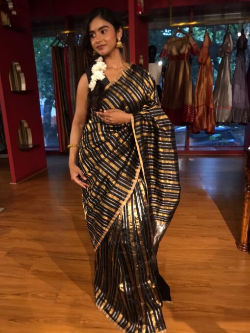 Black Striped Tissue Silk Saree - Image 2