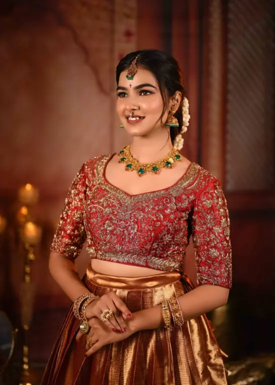 Maroon Embroidered Silk Half Saree Set Of 2