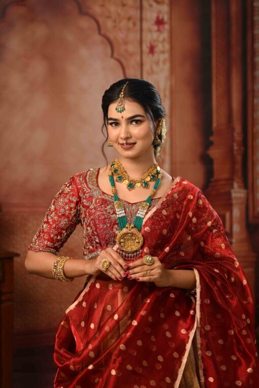 Maroon Embroidered Silk Half Saree Set with Tissue Silk Dupatta (Set of 3) - Image 1