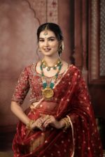 Maroon Embroidered Silk Half Saree Set with Tissue Silk Dupatta (Set of 3) - Image 3
