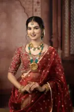 Maroon Embroidered Silk Half Saree Set with Tissue Silk Dupatta (Set of 3) - Image 3