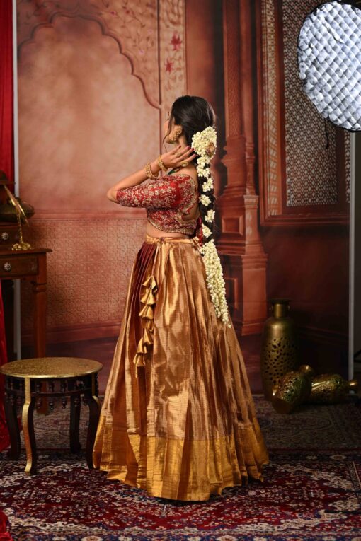 Maroon Embroidered Silk Half Saree Set with Tissue Silk Dupatta (Set of 3) - Image 4