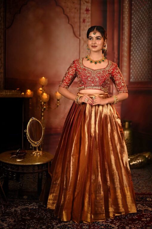 Maroon Embroidered Silk Half Saree Set with Tissue Silk Dupatta (Set of 3) - Image 7