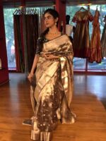 Metallic Gold Tissue Buttis Silk Saree with Beautiful Gold Zari - Image 3