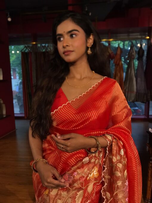 Red Embroidered Banarasi Silk Saree - Image 1