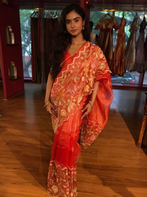 Red Embroidered Banarasi Silk Saree - Image 3