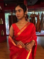 Red Handwoven Mangalagiri Chequered Silk Saree - Image 4