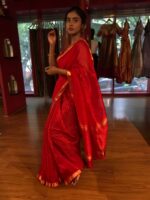 Red Handwoven Mangalagiri Chequered Silk Saree - Image 5