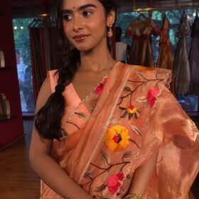 Peach Embroidered Banarasi Silk Saree