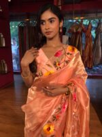 Peach Embroidered Banarasi Silk Saree - Image 3