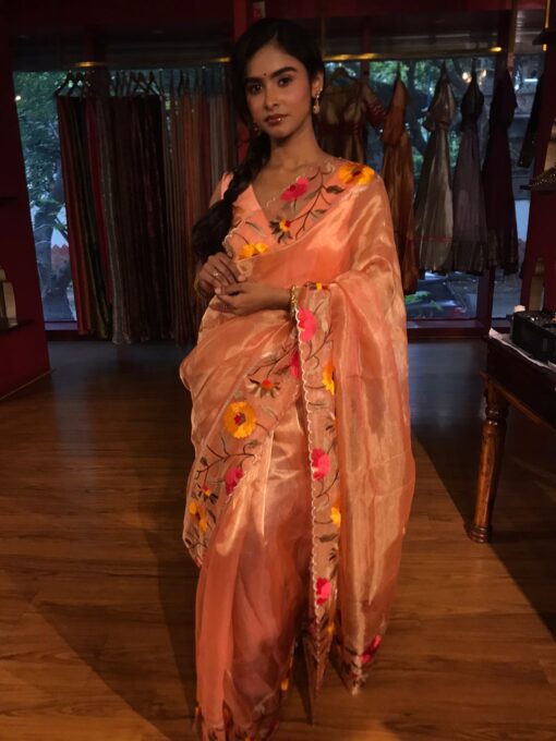 Peach Embroidered Banarasi Silk Saree - Image 2