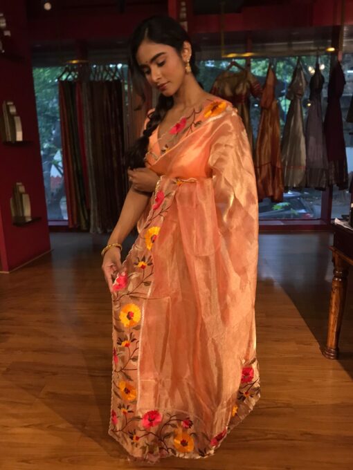Peach Embroidered Banarasi Silk Saree - Image 5