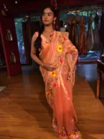Peach Embroidered Banarasi Silk Saree - Image 6