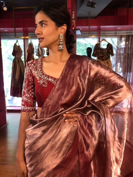Deep Maroon Tissue Silk Saree - Image 1