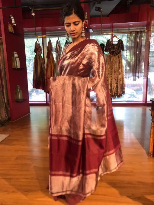Deep Maroon Tissue Silk Saree - Image 7