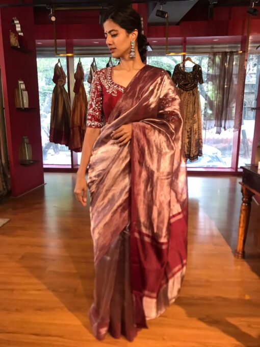 Deep Maroon Tissue Silk Saree - Image 3