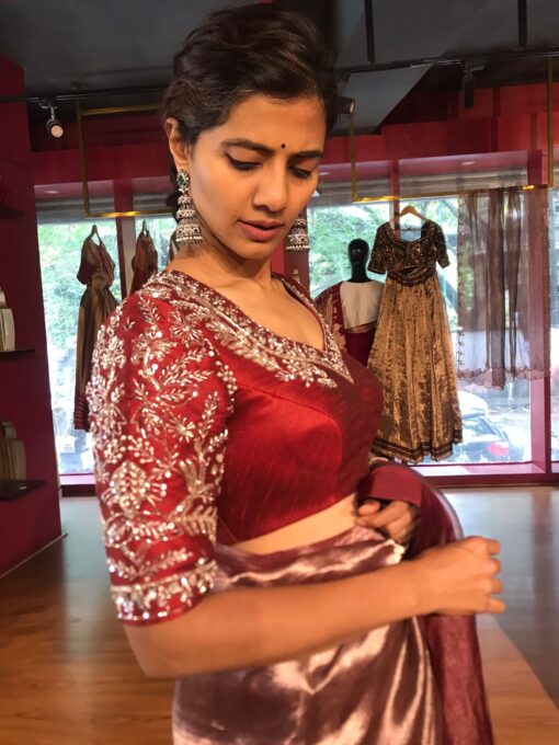 Maroon Embroidered Silk Blouse - Image 3