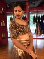 Brown Embroidered Silk Half Saree Set with Tissue Silk Dupatta (Set of 3) - Image 5