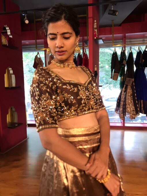 Brown Embroidered Silk Half Saree Set with Tissue Silk Dupatta (Set of 3) - Image 5