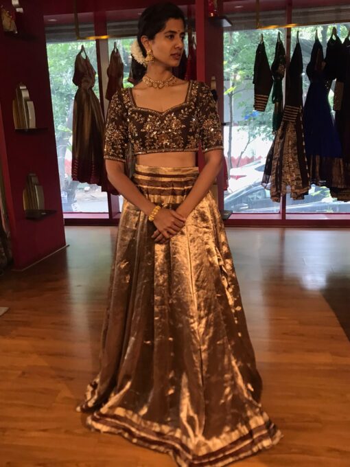Brown Embroidered Silk Lehenga Set of 2 - Image 4