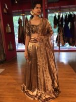 Brown Embroidered Silk Half Saree Set with Tissue Silk Dupatta (Set of 3) - Image 2