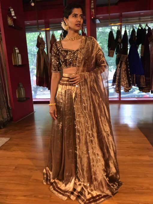 Brown Embroidered Silk Half Saree Set with Tissue Silk Dupatta (Set of 3) - Image 2
