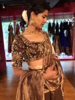 Brown Embroidered Silk Half Saree Set with Tissue Silk Dupatta (Set of 3)