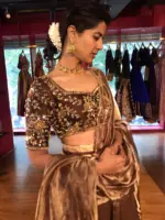Brown Embroidered Silk Half Saree Set with Tissue Silk Dupatta (Set of 3)