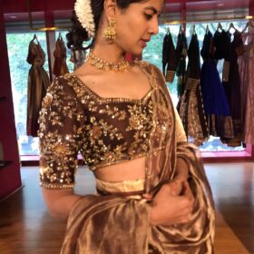 Brown Embroidered Silk Half Saree Set with Tissue Silk Dupatta (Set of 3)