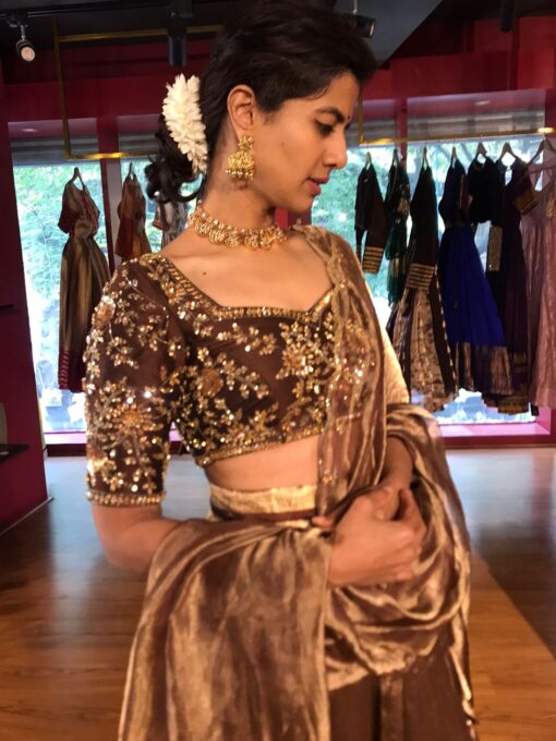 Brown Embroidered Silk Half Saree Set with Tissue Silk Dupatta (Set of 3) - Image 1