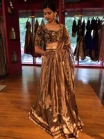 Brown Embroidered Silk Half Saree Set with Tissue Silk Dupatta (Set of 3) - Image 4