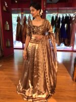 Brown Embroidered Silk Half Saree Set with Tissue Silk Dupatta (Set of 3) - Image 3