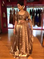 Brown Embroidered Silk Half Saree Set with Tissue Silk Dupatta (Set of 3) - Image 3