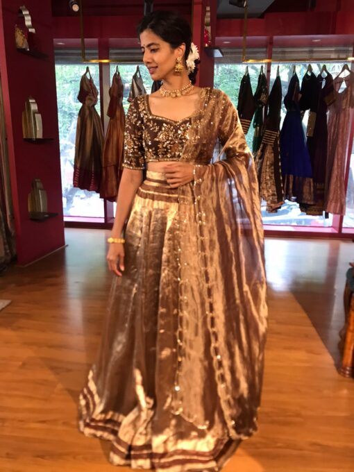 Brown Embroidered Silk Half Saree Set with Tissue Silk Dupatta (Set of 3) - Image 3