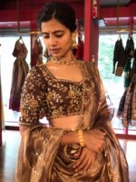 Brown Embroidered Silk Half Saree Set with Tissue Silk Dupatta (Set of 3) - Image 6