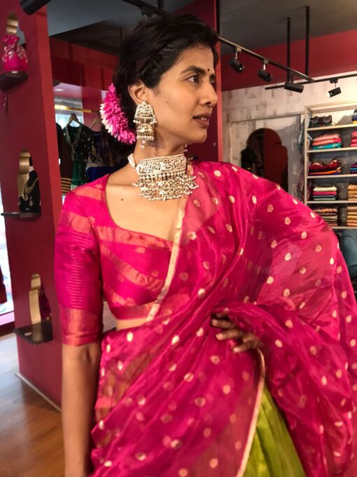 Green Handwoven Silk Lehenga Set of 3 - Image 1