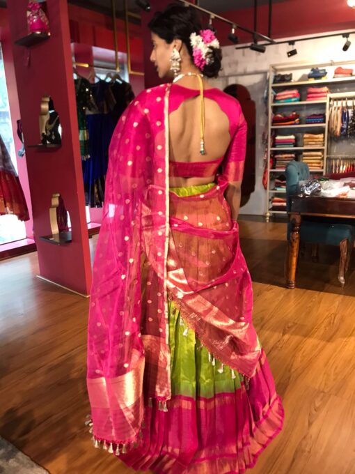 Green Handwoven Silk Lehenga Set of 3 - Image 4
