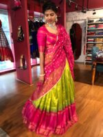 Green Handwoven Silk Lehenga Set of 3 - Image 3