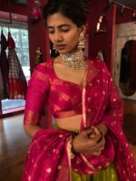 Green Handwoven Silk Lehenga Set of 3 - Image 5
