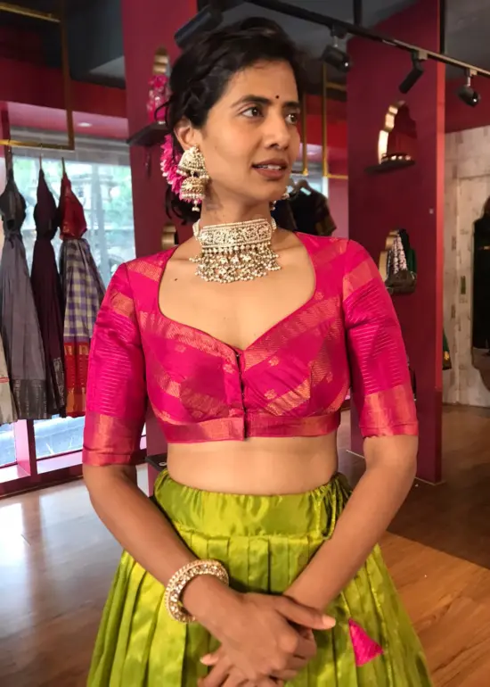 Green Handwoven Silk Lehenga Set of 2