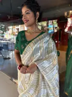 Ivory Chanderi Silk Saree with Woven Zari Stripes - Image 7