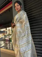Ivory Chanderi Silk Saree with Woven Zari Stripes - Image 5