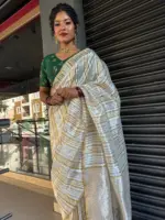 Ivory Chanderi Silk Saree with Woven Zari Stripes - Image 6