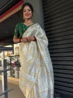 Ivory Chanderi Silk Saree with Woven Zari Stripes - Image 4