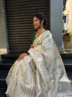 Ivory Chanderi Silk Saree with Woven Zari Stripes - Image 3
