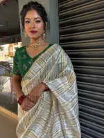 Ivory Chanderi Silk Saree with Woven Zari Stripes